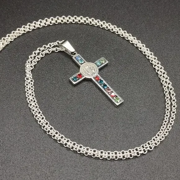 925 Silver Necklace W/ Jesus Cross Multicolor Gemstones Anniversary Birthday NEW